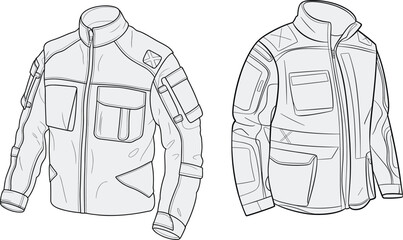 Jacket design comparison, technical outerwear sketches, high collar styles, pocket variations, garment construction mockup, fashion template, cad drawing flat vector illustration