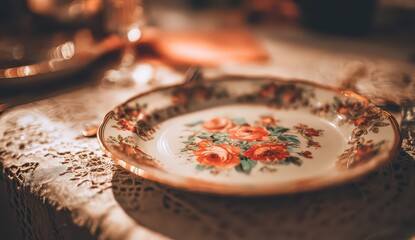 Close Up Shot of Ornate Floral Plate on Lace Tablecloth Warm Lighting