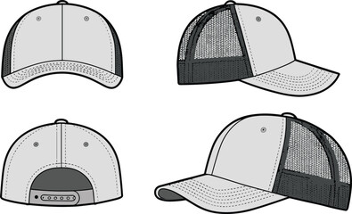 Trucker cap design illustration, mesh back panel, structured front view, adjustable strap detail, headwear mockup template, cad drawing flat vector illustration