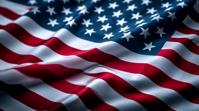 A closeup of the American flag, showcasing its iconic red and white stripes and blue field with white stars. The flags fabric appears to be waving, creating a sense of movement and patriotism.