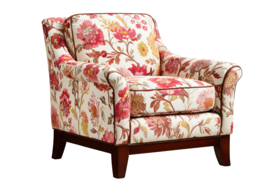 Armchair with floral pattern fabric and dark wood legs furniture, Isolated On Transparent Background, Png Cut Out