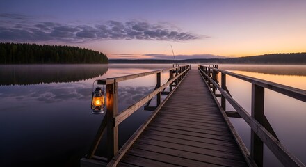 Naklejka premium Serene Lake Pier at Dawn A Tranquil Escape with Soft Light and Still Water
