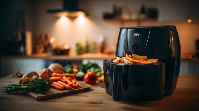 Modern kitchen appliance cooks freshly prepared potato wedges with raw vegetables nearby on wooden countertop