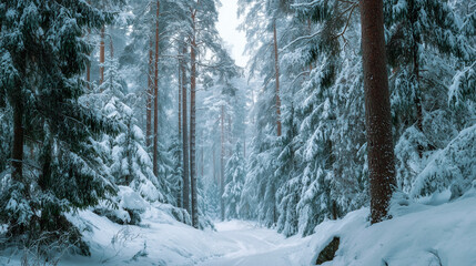 Beautiful Snowy Forest with Fir Trees in Winter