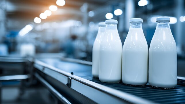 Several glass bottles filled with white liquid move along a production line within a brightly lit facility.