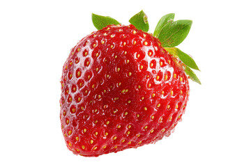 Single ripe red strawberry with green leaves and water droplets on black background fruit fresh, Isolated On Transparent Background, Png Cut Out