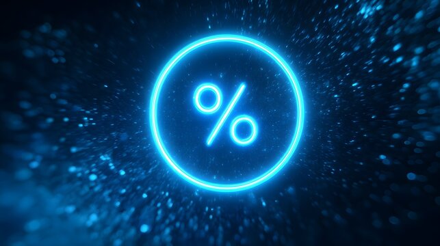 Bright neon symbol for percentage shines within a field of moving digital particles
