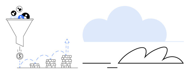 Funnel filtering objects into coins, stacks of coins symbolizing financial growth stages. Blue cloud connects abstract ideas of data flow, digital processes. Ideal for marketing, finance, automation