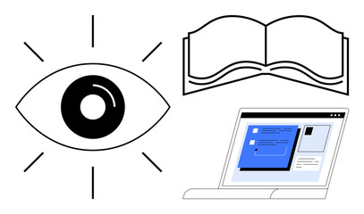 Open eye with radiating lines, open book, and laptop with digital content. Ideal for knowledge sharing, education, creativity, innovation, digital learning, online research simple flat metaphor