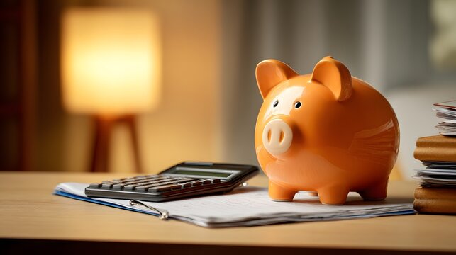 Ceramic bright orange piggy bank sits beside paperwork and a calculating machine in warm interior lighting