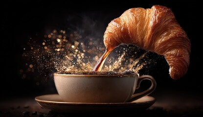 Close Up of Coffee Pouring Into Cup with Croissant Floating Black Background