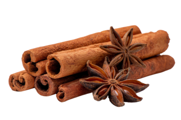 Stacked Cinnamon Sticks and Star Anise Spice Pods on Black Background ingredient, Isolated On Transparent Background, Png Cut Out