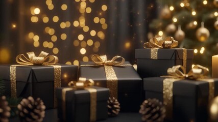 Elegant black and gold Christmas gift boxes with candles, pinecones, and holiday lights, creating a warm festive atmosphere and luxury holiday celebration mood. - Powered by Adobe