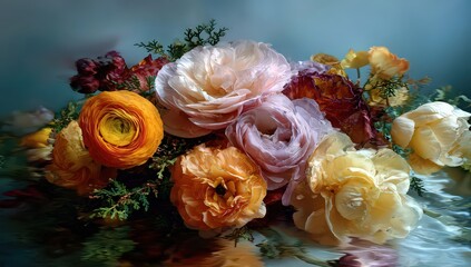 Close Up of Colorful Floral Arrangement with Soft Lighting and Water Reflection