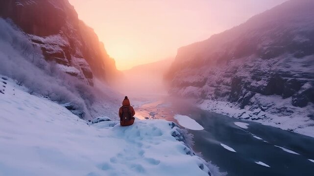 A person in a red jacket and black backpack sits on a snowcovered ledge beside a frozen river. The scene is set against a backdrop of a misty mountain range and a clear sky.