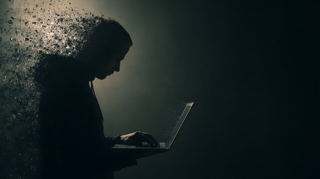 Mysterious figure wearing a hood works intensely on a portable computer dissolving into particles