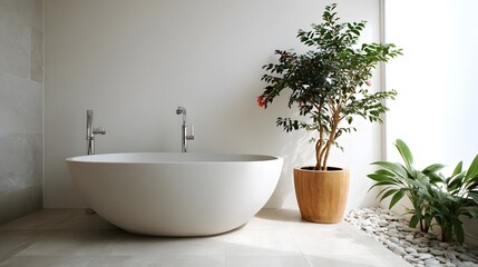 Fototapeta premium Modern freestanding bathtub setup incorporates natural elements for a spa like atmosphere