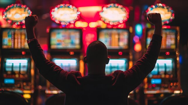 Silhouette of person celebrating success while standing before rows of illuminated electronic gaming devices