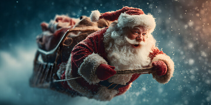 santa claus flying on a sleigh crazy fast funny with his bag on christmas gift present delivery panorama background blue stars / Weihnachtsmann rasant lustiug schnell auf Schlitten isoliert