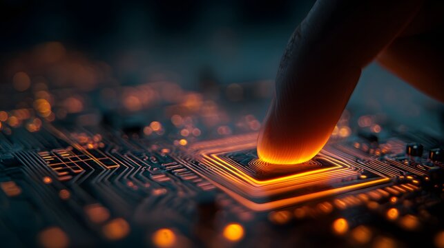 Finger interacts with illuminated central processing component on a futuristic digital circuit board - Powered by Adobe