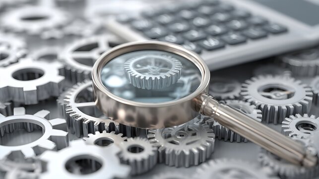 Magnifying glass focuses on metal mechanical cogs resting near a calculation device