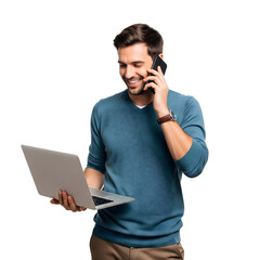 A man in a casual sweater smiles as he uses laptop while speaking on a phone. The man appears focused and engaged in a phone call, isolated on transparent background