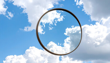 floating round mirror reflecting bright clouds against blue sky creating surreal dreamy atmosphere
