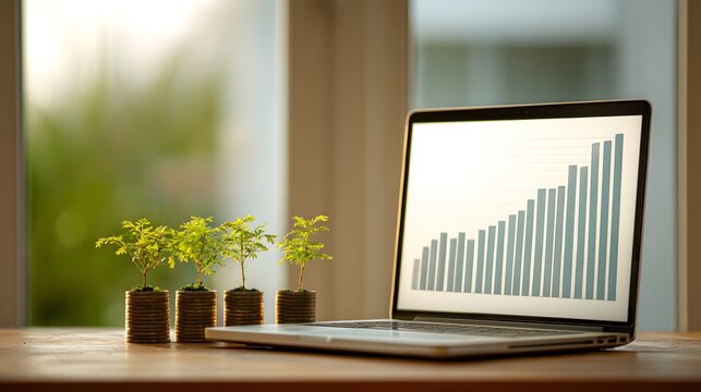 Growing financial prosperity is symbolized by small plants sprouting from stacks of coins beside a laptop displaying an upward trending bar chart