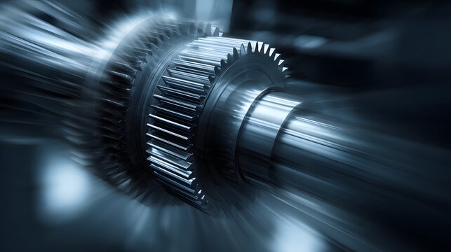 Metallic machine component rotates rapidly creating streaks of light and motion blur