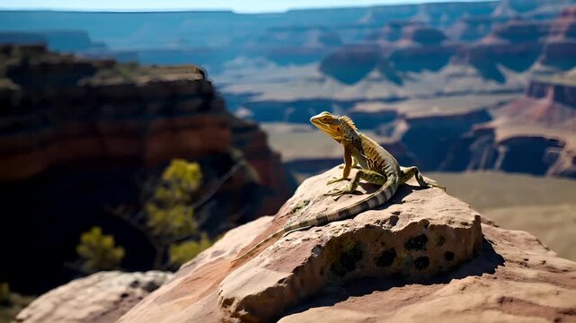 A vivid, closeup shot of a lizard perched on a rock in the foreground, with the grand canyon in the background. The lizards scales are a mix of green and brown.