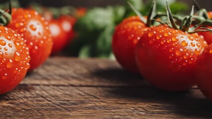 Fresh red tomatoes with water drops on a rustic wooden table closeup shot. - Powered by Adobe