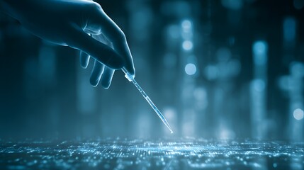Scientist dispenses liquid with a pipette onto a futuristic digital surface with blue light