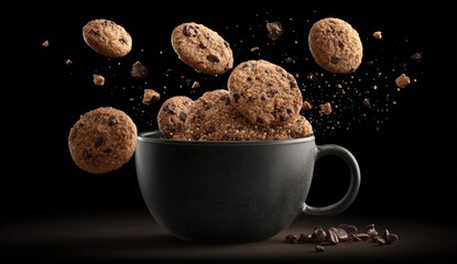 Close Up of Cookie Pieces Floating Above a Black Ceramic Cup on a Black Background with Soft Lighting