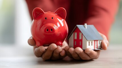 Hands gently holding a bright red savings container next to a miniature residential structure