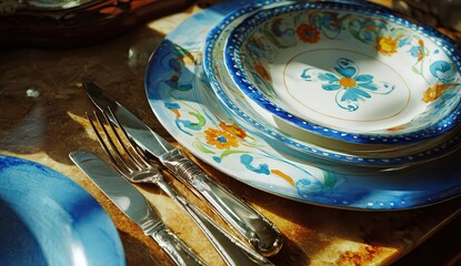 Close Up of Decorated Ceramic Plates and Silverware on Wooden Table