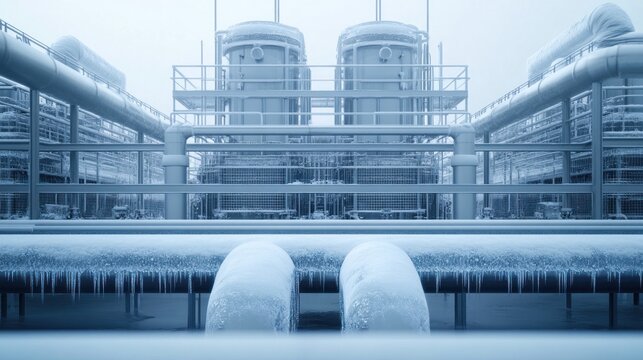 Isolated module of an ocean thermal energy conversion (OTEC) plant, heat exchangers visible, frost forming on cold water pipes, massive scale