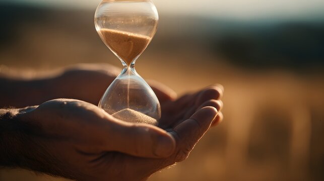 Cupped human hands carefully hold a glass sand timer against a blurred natural background.