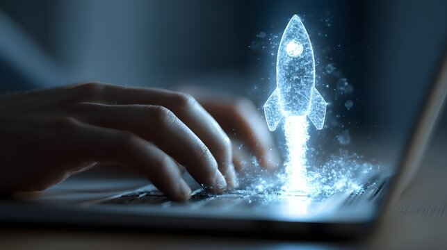 Illuminated digital spaceship concept emerges from a modern portable computer keyboard