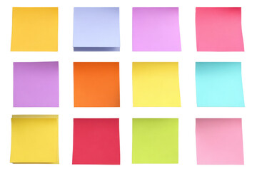 Twelve colorful sticky notes arranged in a grid on a black background paper reminder, Isolated On Transparent Background, Png Cut Out