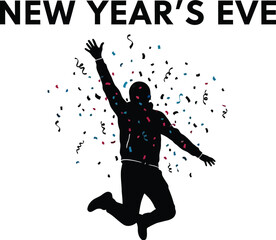 Silhouette of person jumping in new years eve celebration with confetti