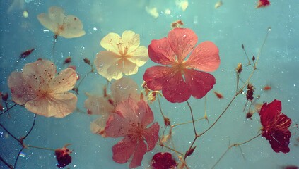 Close Up of Delicate Flowers in shades of Pink and White with Glitter on a Blue Background