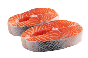Two fresh salmon steaks with white flesh and orange meat on black fish food, Isolated On Transparent Background, Png Cut Out