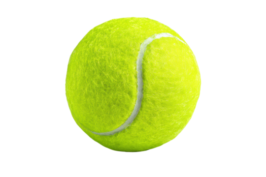 Bright yellow tennis ball with white curved seam isolated on black background neon, Isolated On Transparent Background, Png Cut Out - Powered by Adobe