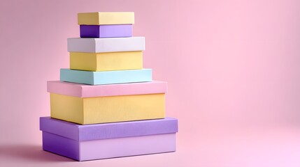 Stack of pastel colored rectangular containers forming a vertical arrangement against a soft pink backdrop