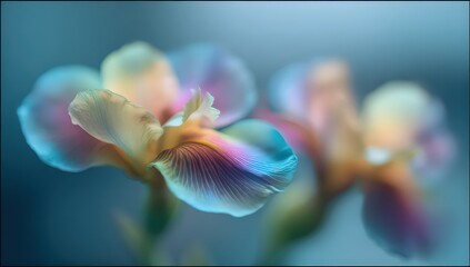 Close Up of Delicate Iris Flowers Displaying Intricate Petal Details with Teal and Pink Hues
