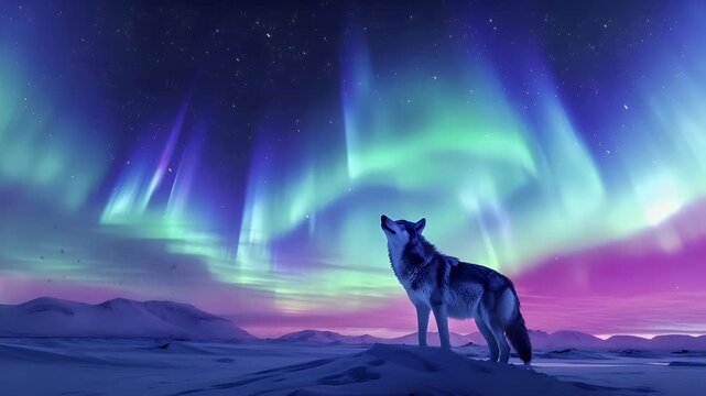 A vivid portrayal of a wolf standing on a snowy terrain, with the aurora borealis in the background. The wolf is depicted in a side profile, looking upwards, with its head tilted slightly upwards.