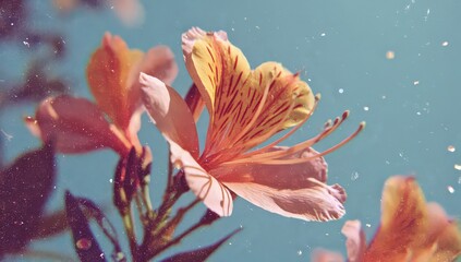 Close Up of Delicate Orange Flowers with Yellow Veins Against a Pastel Turquoise Background Illuminated by Sunlight