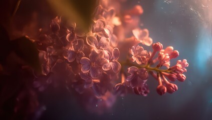 Close Up of Delicate Lilac Blossoms in Soft Focus Illuminated by Warm Light Against a Dark Background