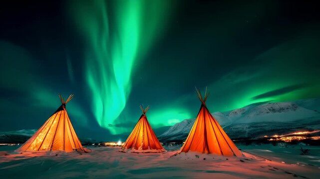 A vivid portrayal of the Northern Lights, or Aurora Borealis, illuminating a snowy landscape with a teepee in the foreground. The teepee is illuminated from within, casting a warm.