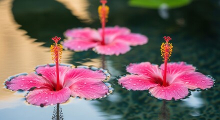 Pink hibiscus blossoms gracefully floating in tranquil waters, evoking a sense of serene natural